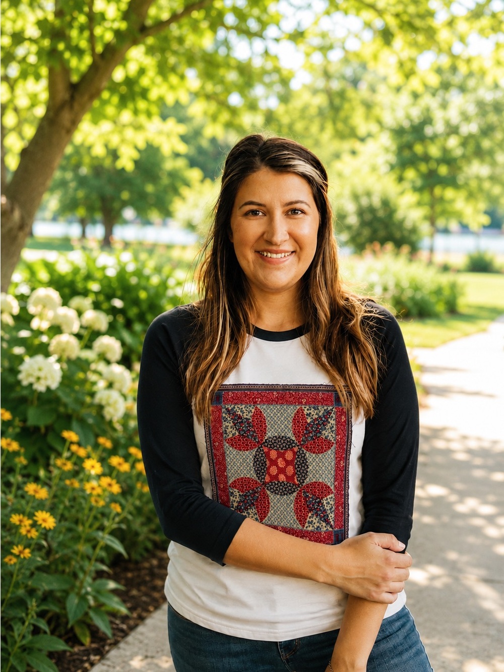 New Black & White Raglan Tee with Vintage Patriotic Patchwork Quilt Square
